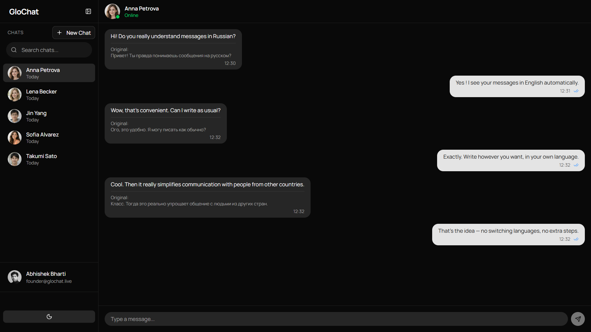 GloChat conversation showing real-time translation between English and Russian